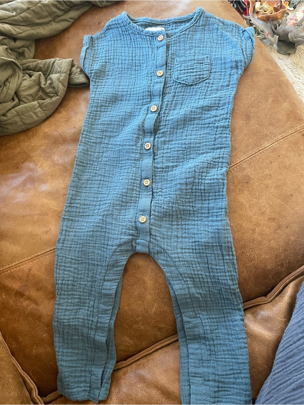 Soft Blue Cotton Gauze Kids One-Piece Bodysuit with Front Buttons